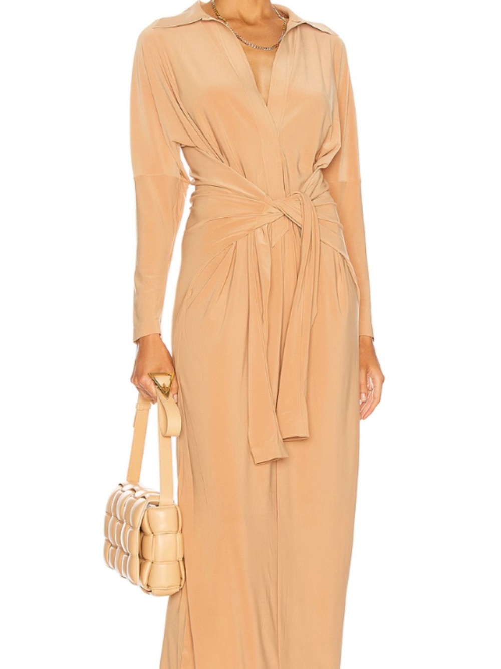 Norma Kamali Long Sleeved Plunge Neck Tie Front Waist Tan Nude Maxi Shirtdress